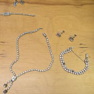 Vintage rhinestone bracelet, necklace, clip on earrings